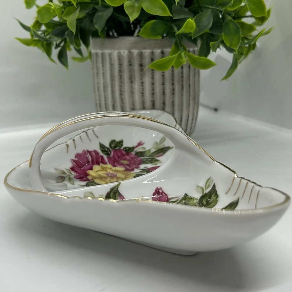 Floral Ceramic Dish with Gold Accent